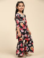 Alakhi Studio Girls Floral Georgette Printed V-Neck Kurta With Sharara - Black | Grocsy
