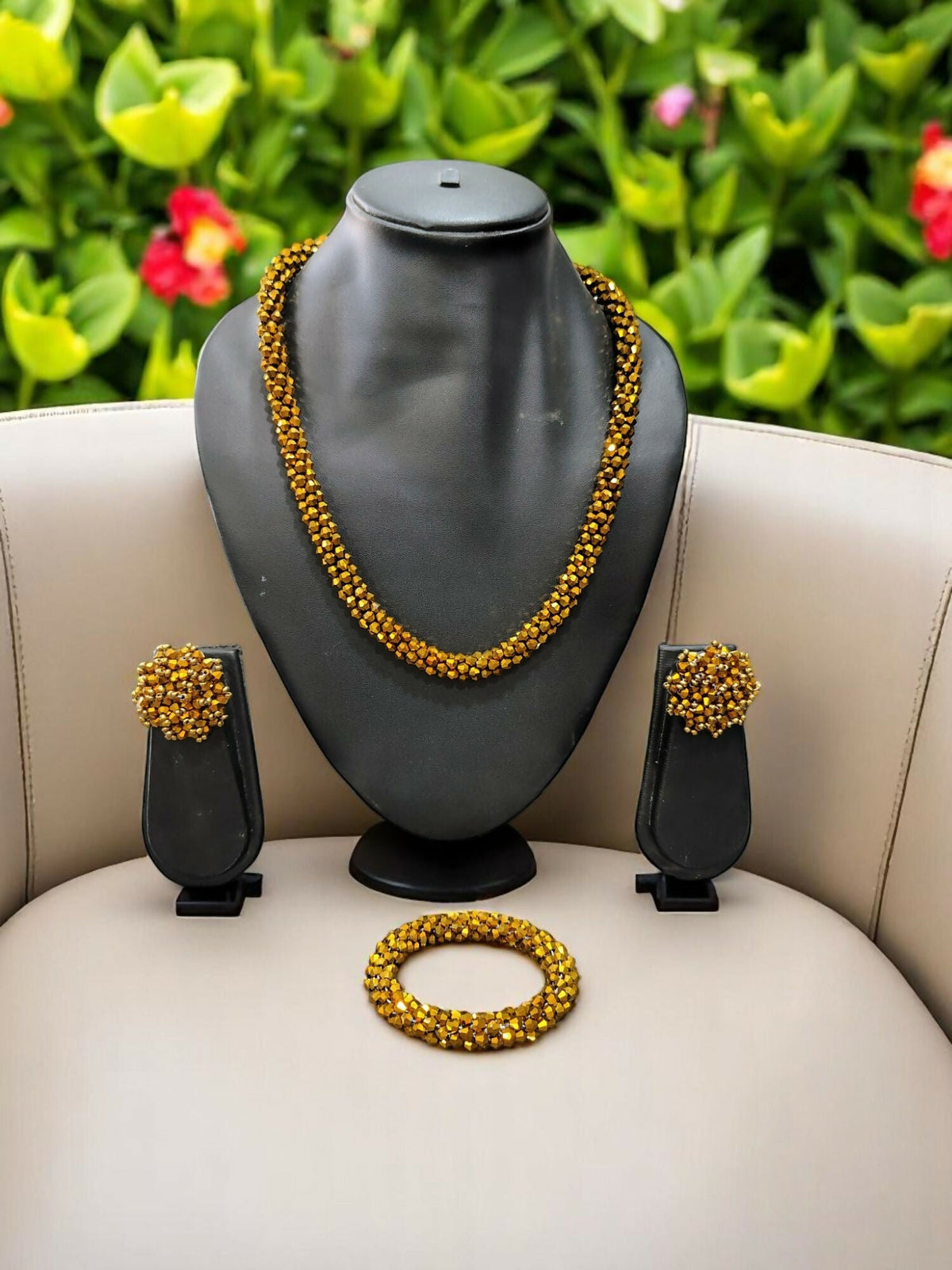 Inhanns Complete Look Crystal Statement 3-Piece Set (Adjustable Necklace + Earrings + Adjustable Bangle ) - Gold | Grocsy