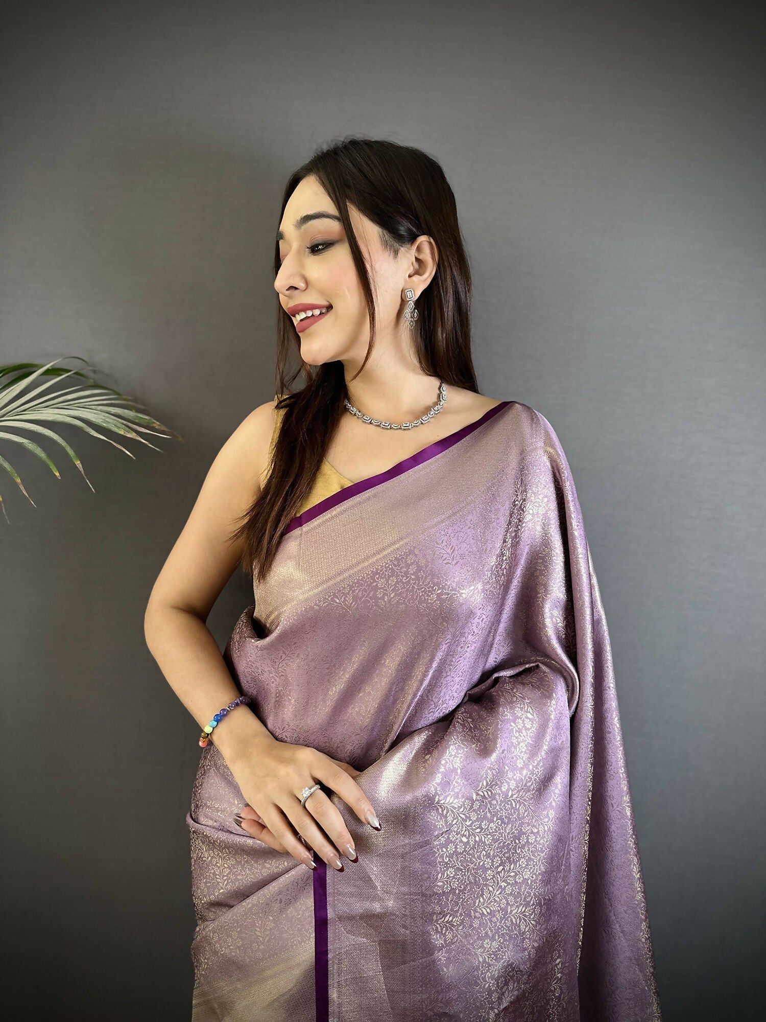 Joban Fashion Lavender Floral Motifs & Ethnic Design Soft Satin Silk Kanchipuram Saree | Grocsy