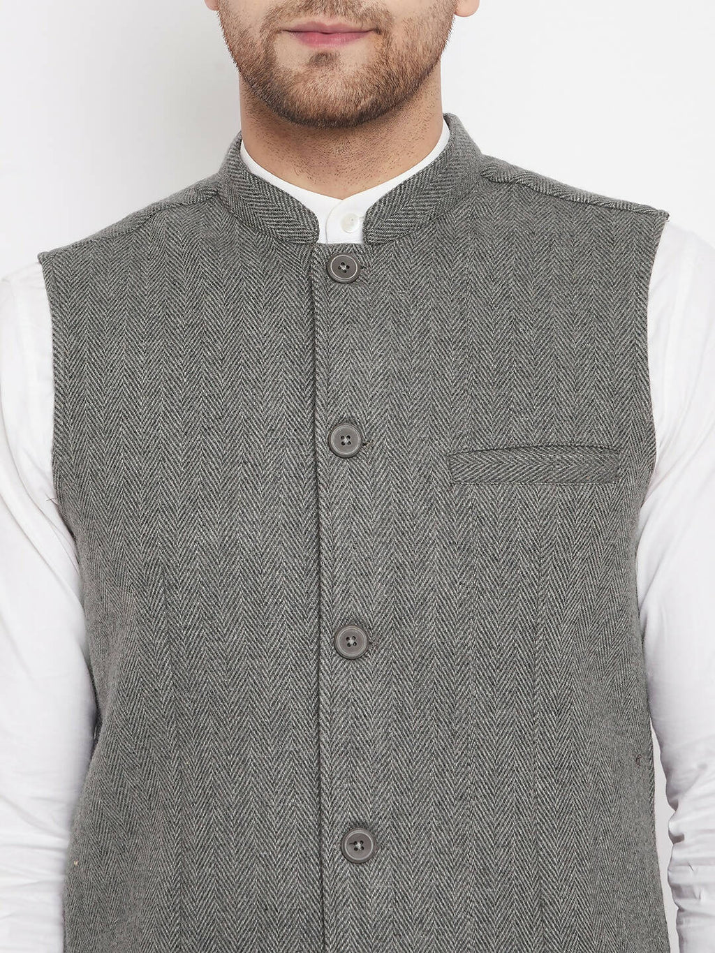 Even Apparels Grey Wool Men Woven Nehru Jacket | Grocsy
