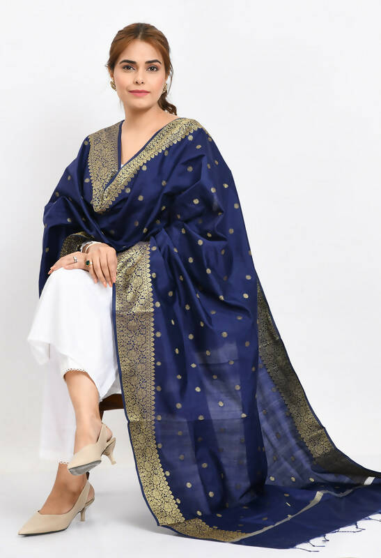 Mominos Fashion Moeza Women's Banarsi Silk Woven Design Navy Blue Dupatta | Grocsy
