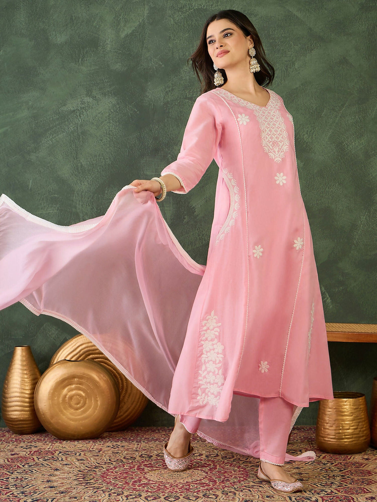 The52 Women's Beautiful Thread Work Cotton satin Fabric Flared Kurta Pant and Dupatta Set-Peach | Grocsy