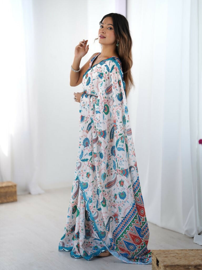 Off White Chinon Designer Digital Printed,Mirror Cut Work Saree - Elayna | Grocsy