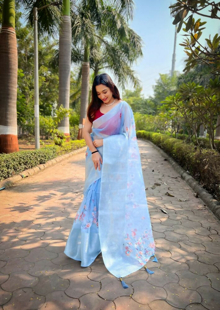 Vamsee Mehar Sky Organza Saree | Grocsy