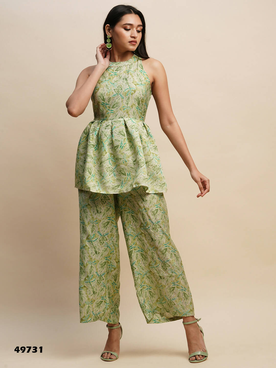 Green Poly Rayon Floral Printed Top with Matching Trouser - Shivani | Grocsy