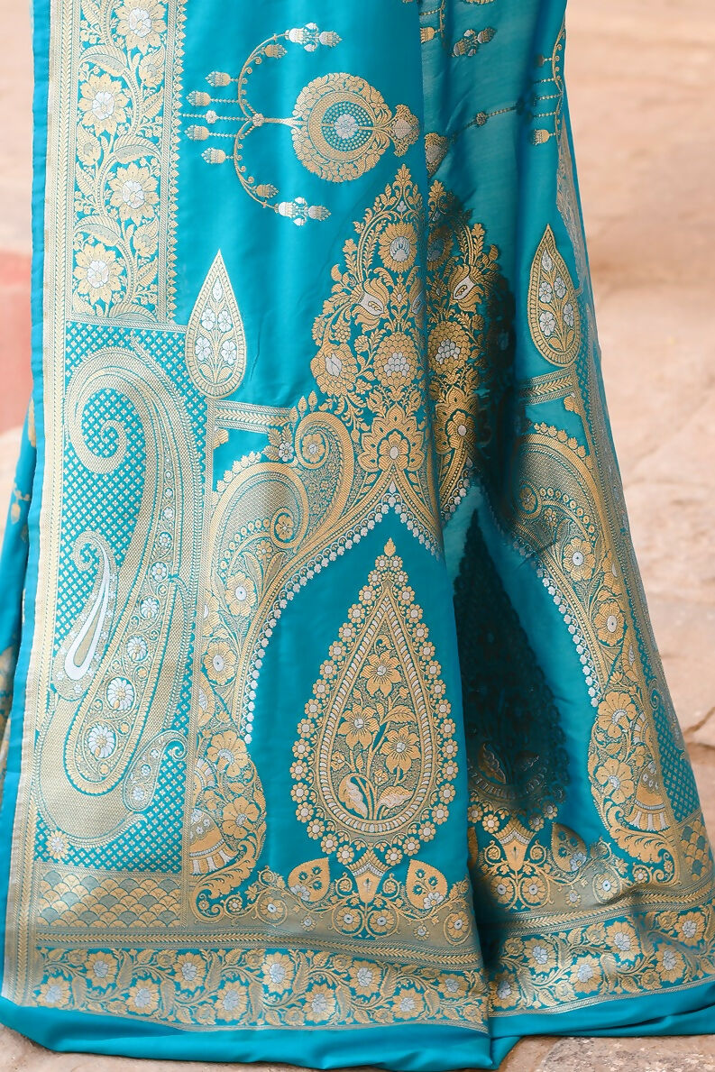 Joban Fashion Blue Banarasi Soft Pure Handloom Banarasi Silk Saree | Grocsy
