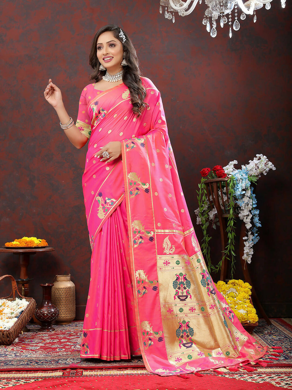 Lorenvalley Fashion Pink Soft Paithani Silk Woven Design Gold Zari Meenakari Weaving Saree | Grocsy
