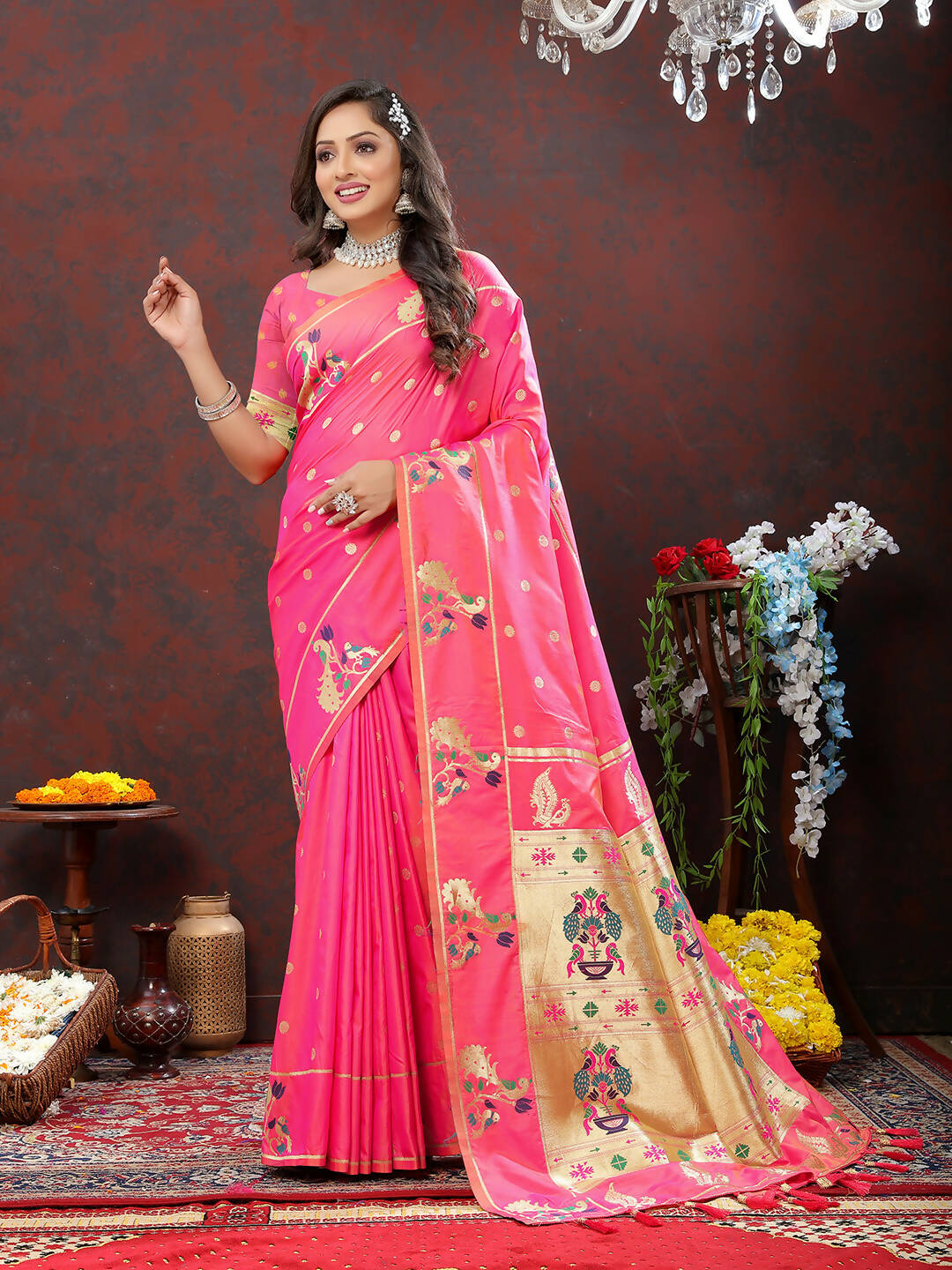 Lorenvalley Fashion Pink Soft Paithani Silk Woven Design Gold Zari Meenakari Weaving Saree | Grocsy