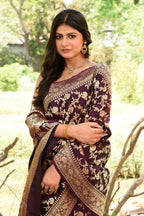 Joban Fashion Plum Purple Banarasi Soft Pure Handloom Banarasi Silk Saree | Grocsy