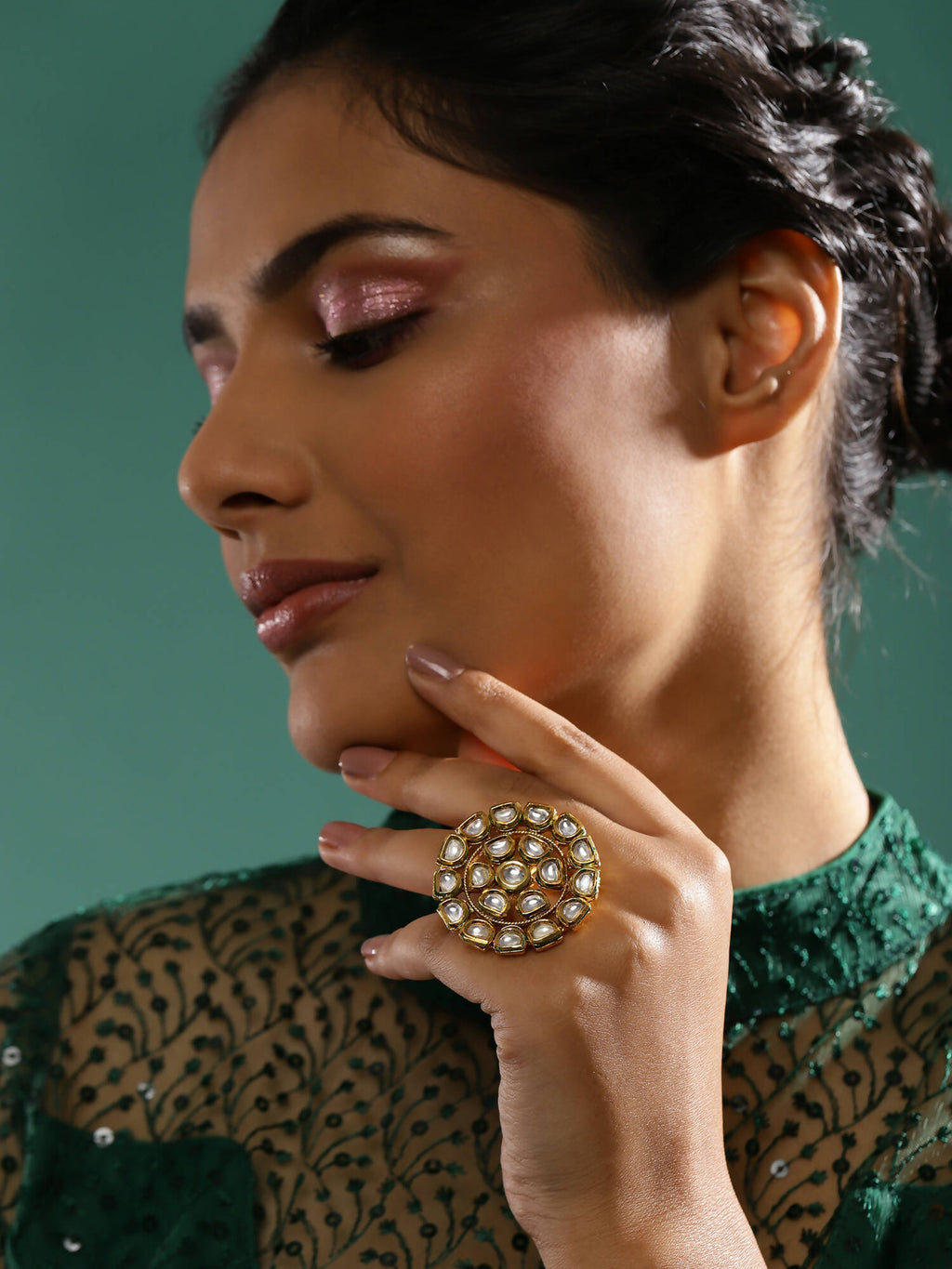 Gold-Polished White Kundan Studded Adjustable Finger Ring - Ruby Raang | Grocsy