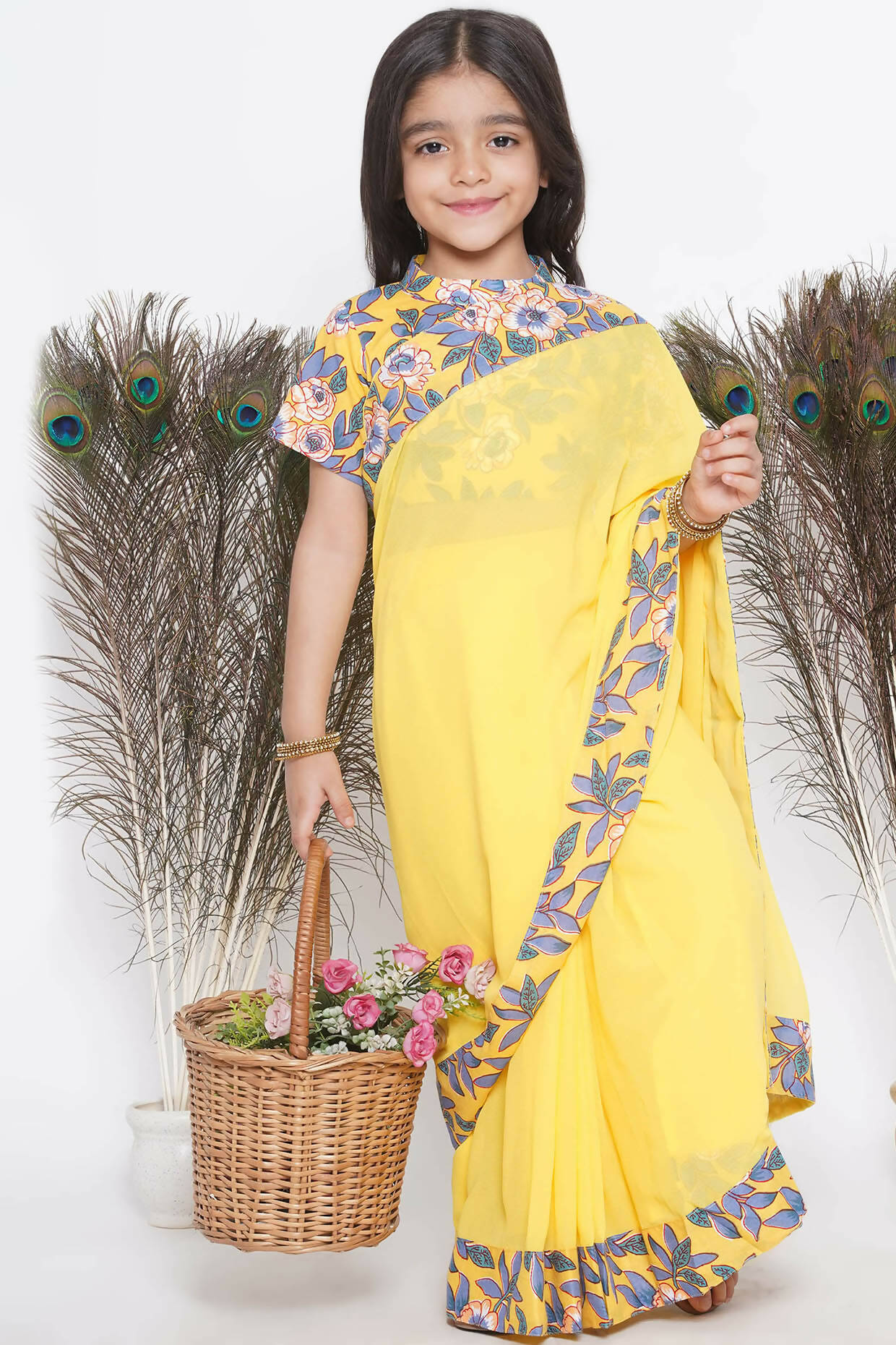 Little Bansi Floral Print Ready To Wear Saree And Floral Blouse - Yellow | Grocsy