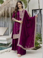 The52 Wine Beautiful Embroidered Vichitra Silk Fabric Straight Kurta, Palazzo and Dupatta Set | Grocsy