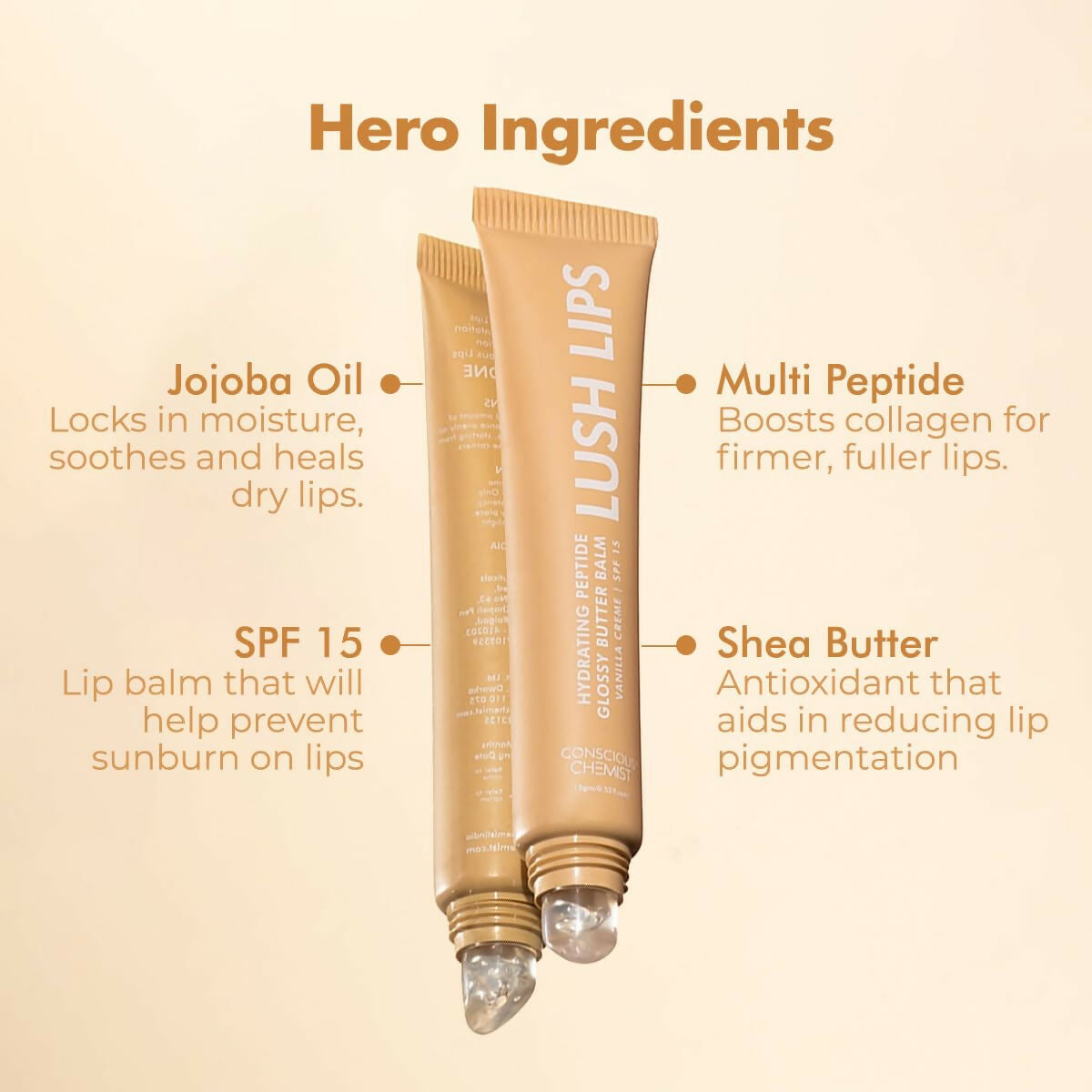 Conscious Chemist Peptide Lip Balm, Lush Lips with SPF15 - Vanilla Creme | Grocsy
