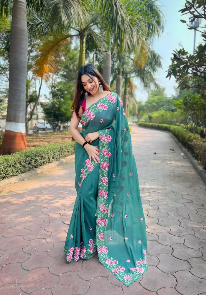 Vamsee Nimrat Sea Green Organza Silk Saree | Grocsy