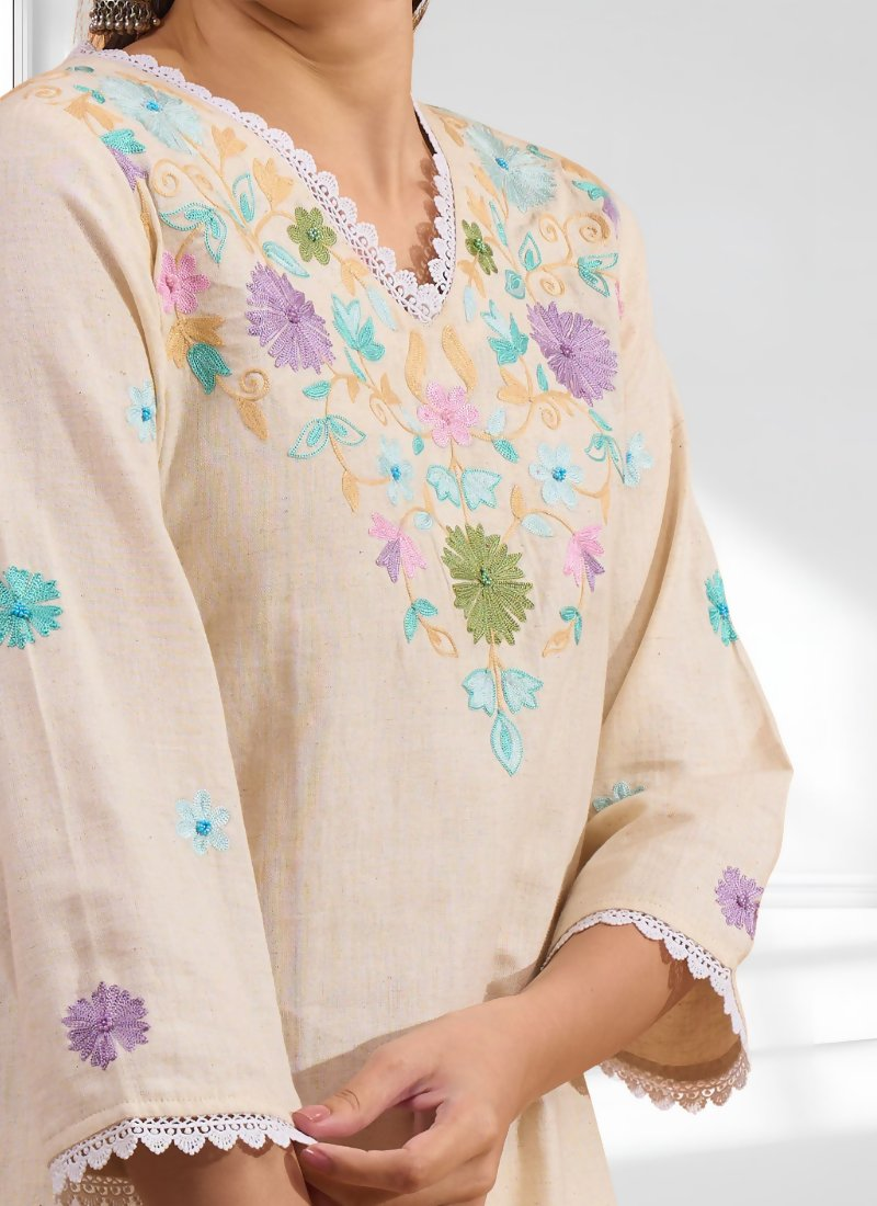 Joban Fashion Cream Linen Embroidered Readymade Cord Set | Grocsy