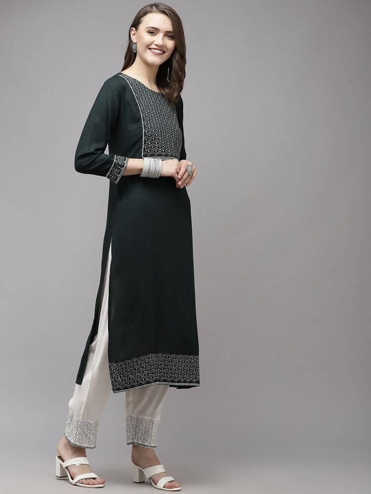 Yufta Women Green Yoke Design Regular Sequinned Kurta with Palazzo & With Dupatta | Grocsy