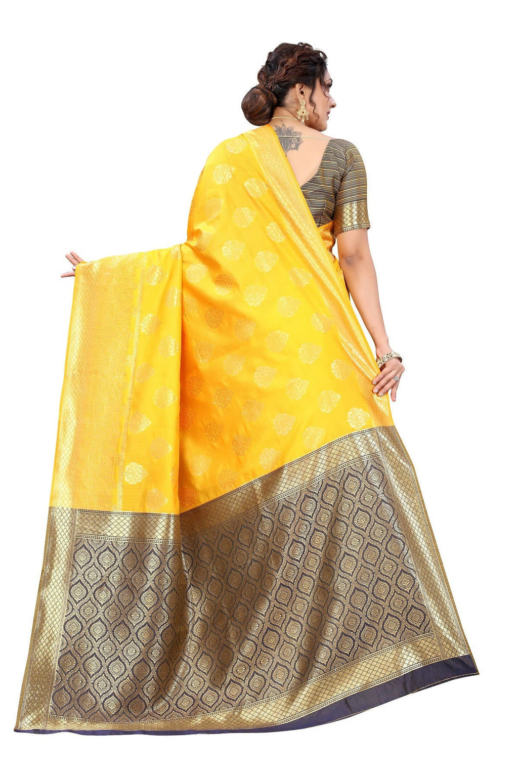 Vamika Ethnic Fire Yellow Weaving Banarasi Jacquard Saree | Grocsy
