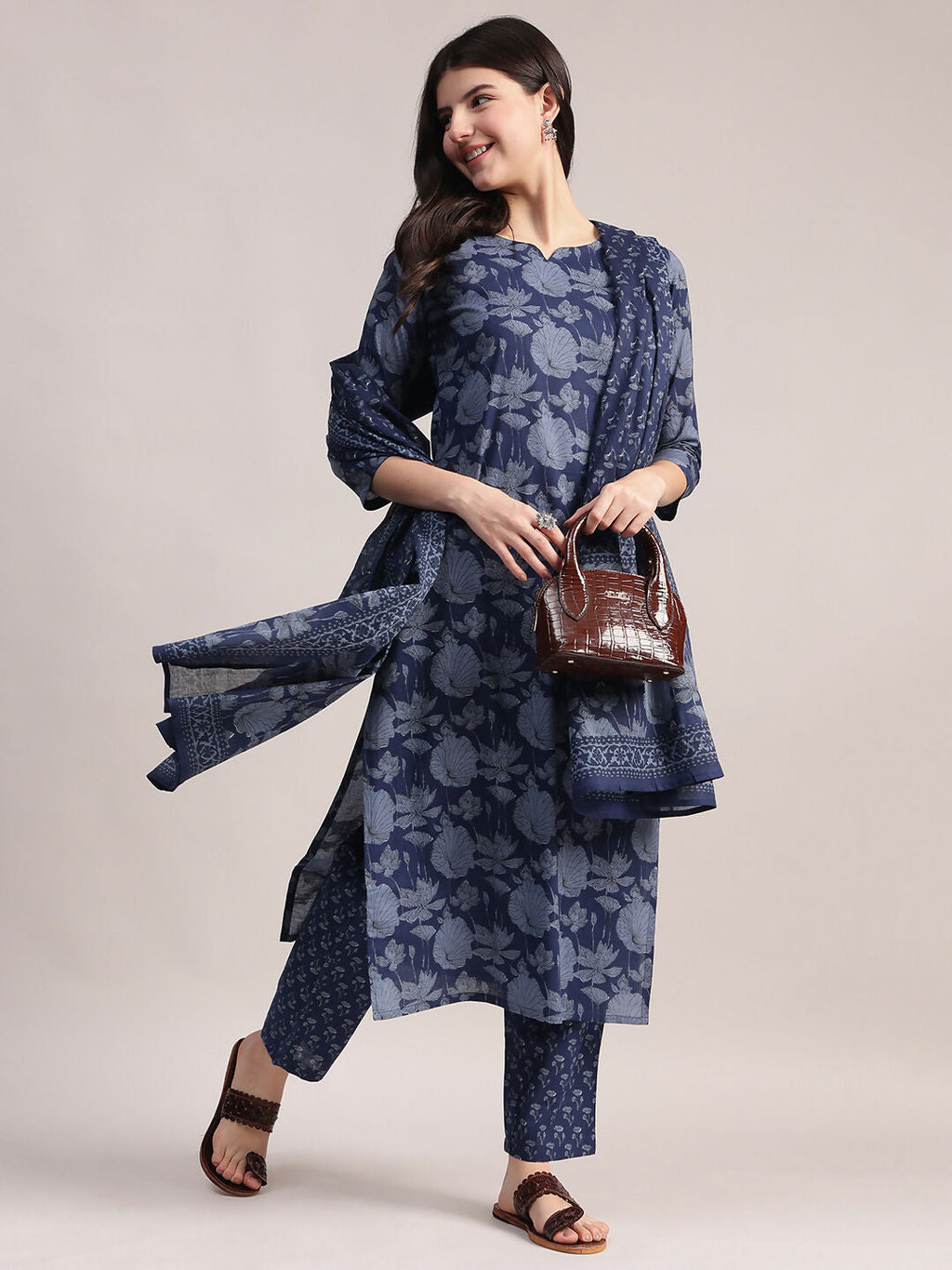 Aavyora Women's Floral Printed Indigo Blue Cotton Straight Kurta With Trouser & Dupatta | Grocsy