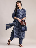 Aavyora Women's Floral Printed Indigo Blue Cotton Straight Kurta With Trouser & Dupatta | Grocsy
