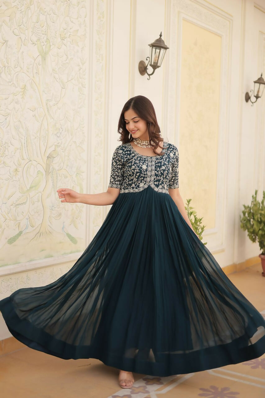 Vastranavya Faux Blooming with Embroidery Zari Sequins-work Gown - Teal | Grocsy