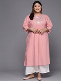 Sztori Plus Size Floral Embroidered Round Neck Cotton Straight Kurta | Grocsy
