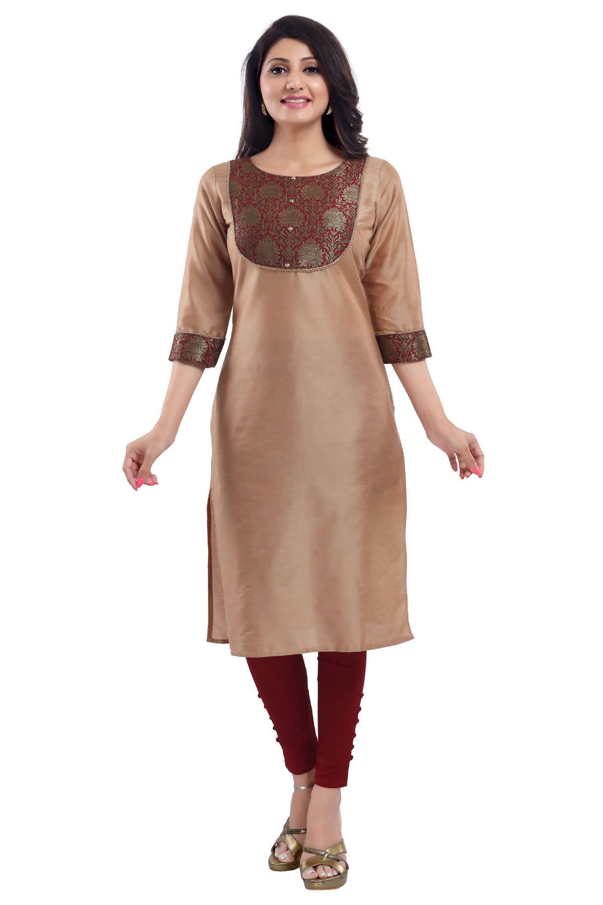 Snehal Creations Beige Cotton Silk Kurti Top | Grocsy