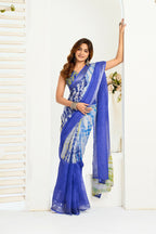 Vastranavya Blue Digital Printed Linen Ready To Wear Designer Saree with Unstitched Blouse | Grocsy