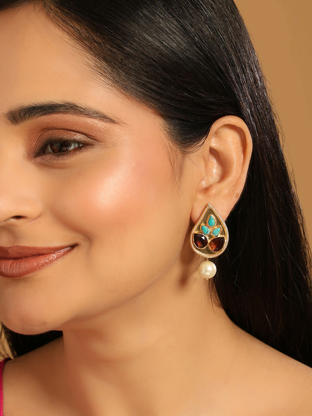 Nuyug 22K Gold Plated Faux Turquoise Stone Studded Contemporary Petal Shaped Pearl Drop Stud Earrings | Grocsy