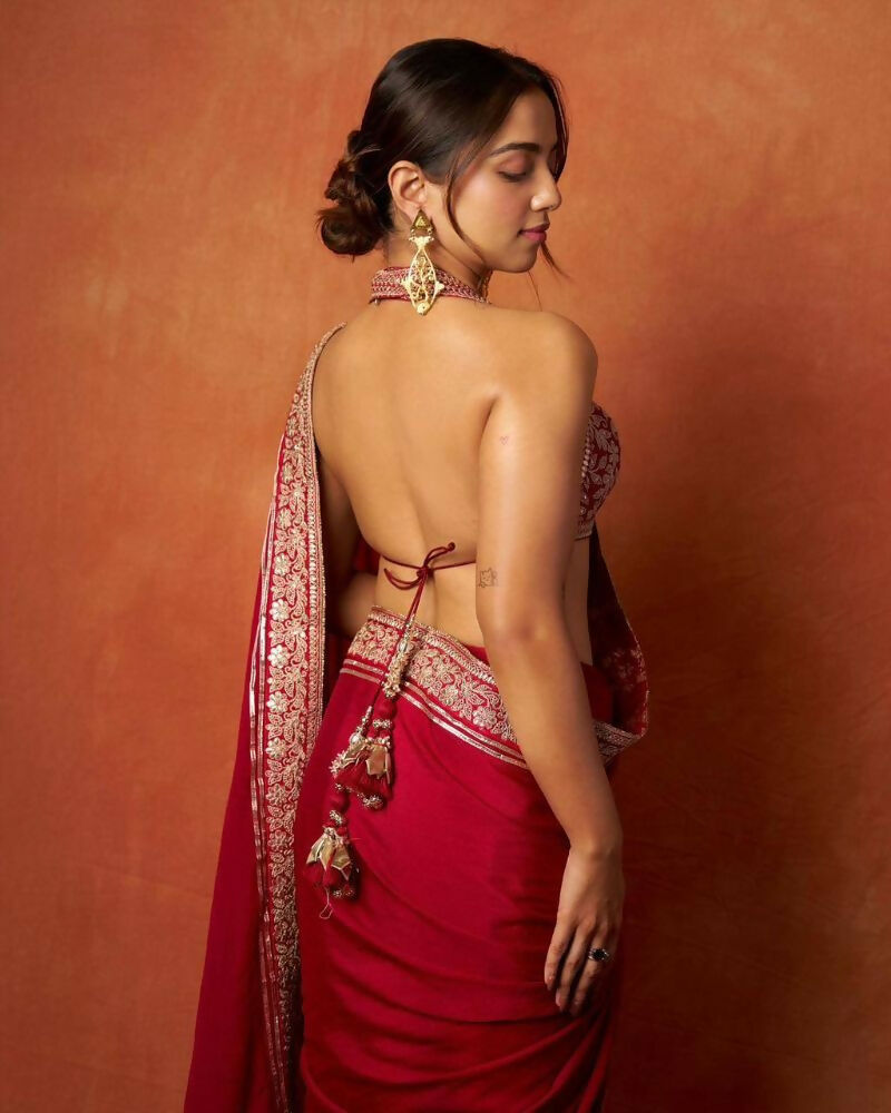 Joban Fashion Red Fandy Satin Silk Party Wear Sarees | Grocsy