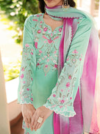 Nikhaar Light Green Embroidered Modal Silk Stitched Straight Cut Kurta Farshi Salwar Dupatta Readymade Suit | Grocsy
