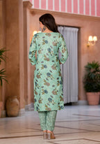 Juniper Women's Green Floral Printed Cotton Kurta Set With Thread Work | Grocsy