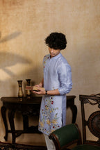 Falling Raw Silk Power Blue Botanical Bloom Kurta Set By Hilo Design | Grocsy