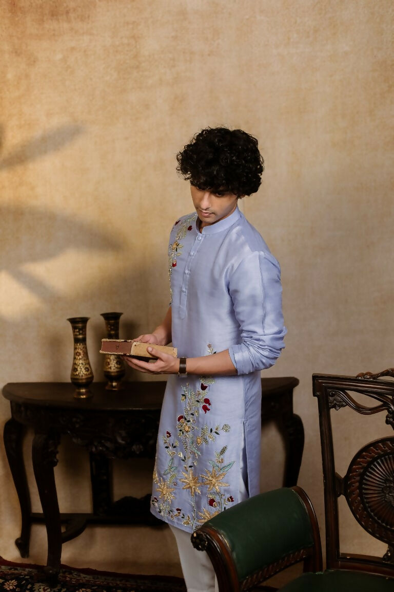 Falling Raw Silk Power Blue Botanical Bloom Kurta Set By Hilo Design | Grocsy