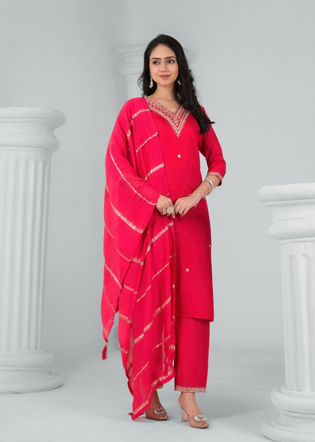 Ethnic Festive Wear Reyon Red Stitched Suit With Dupatta - Tanisha | Grocsy