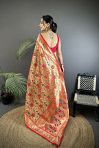 Joban Fashion Light Orange Floral  & Peacock Motifs Soft Silk Paithani Saree | Grocsy