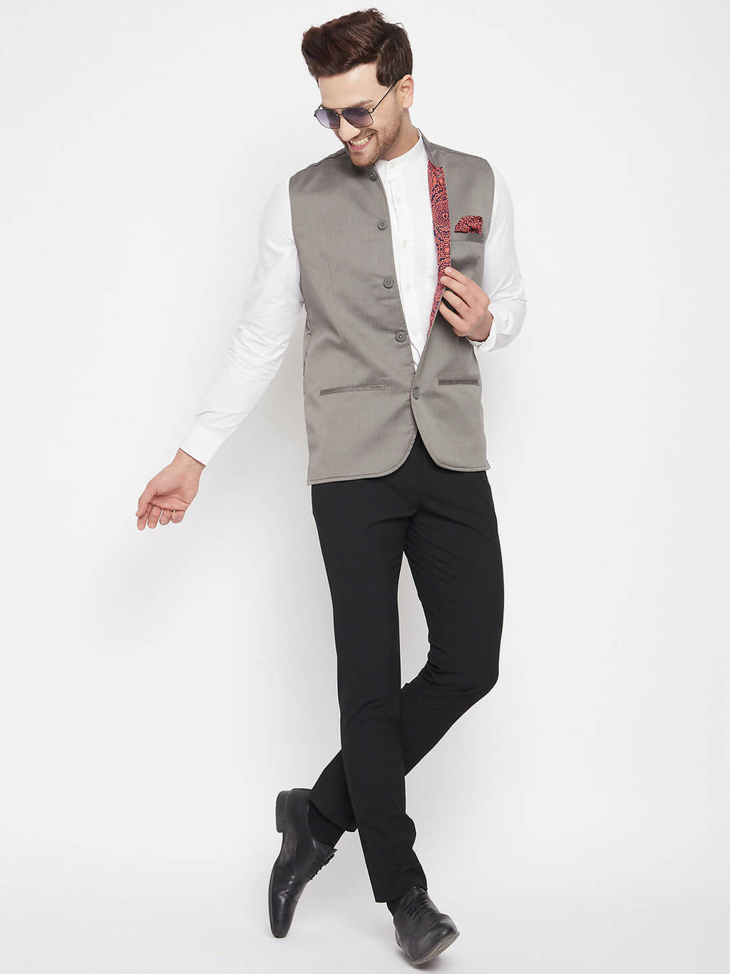 Even Apparels Grey Polyester Men's Nehru Jacket-Contrast Lining-Inbuilt Pocket Square | Grocsy