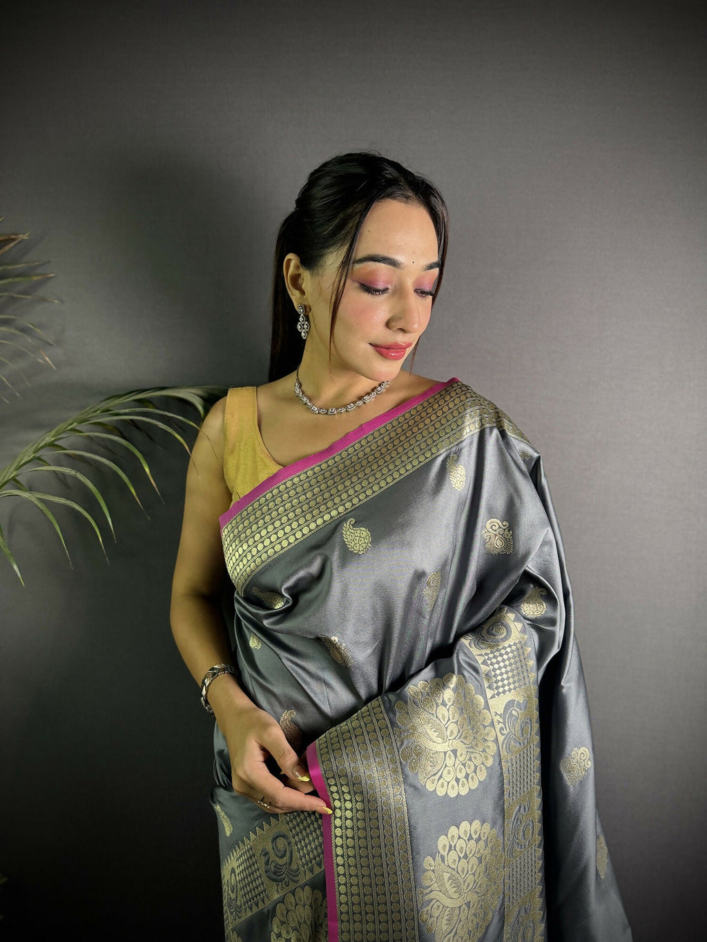 Joban Fashion Dark Grey Banarasi Soft Lichi Silk Paisley Saree | Grocsy