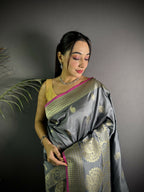 Joban Fashion Dark Grey Banarasi Soft Lichi Silk Paisley Saree | Grocsy