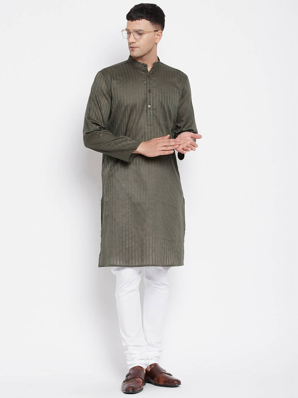 Even Apparels Green Men's Pure Cotton Kurta With Band Collar | Grocsy