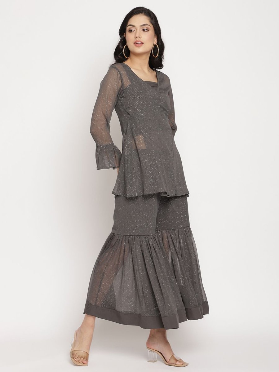 Ahalyaa Women Charcoal Grey Poly Chiffon Angrakha Kurta with Inner & Sharara | Grocsy