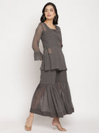 Ahalyaa Women Charcoal Grey Poly Chiffon Angrakha Kurta with Inner & Sharara | Grocsy