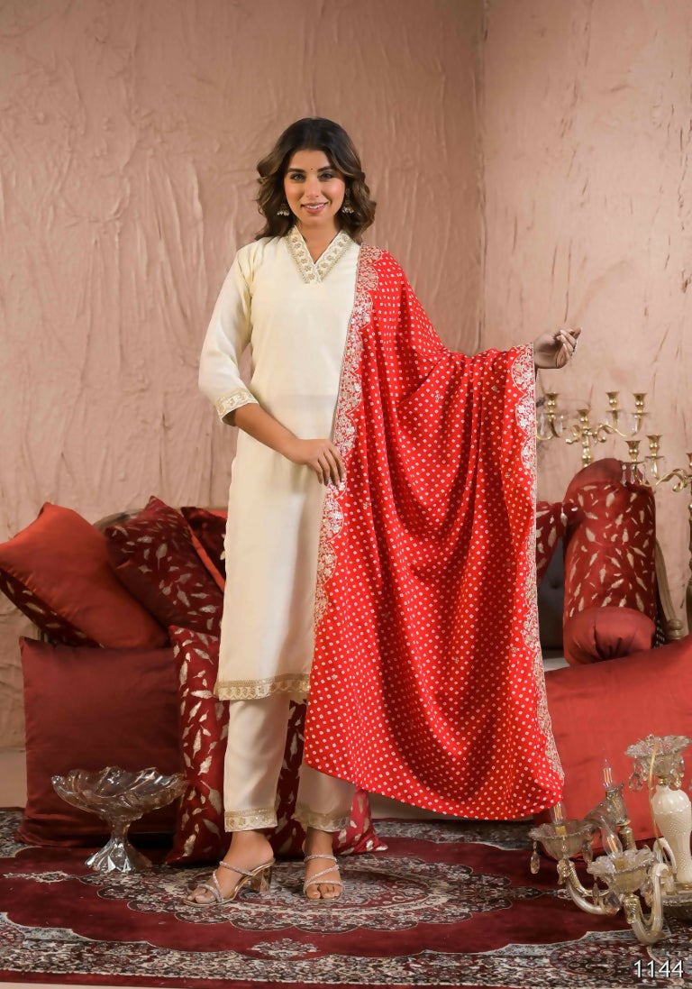 Ethnic Festive Wear Reyon Slub Off White Stitched Suit With Dupatta - Tanisha | Grocsy