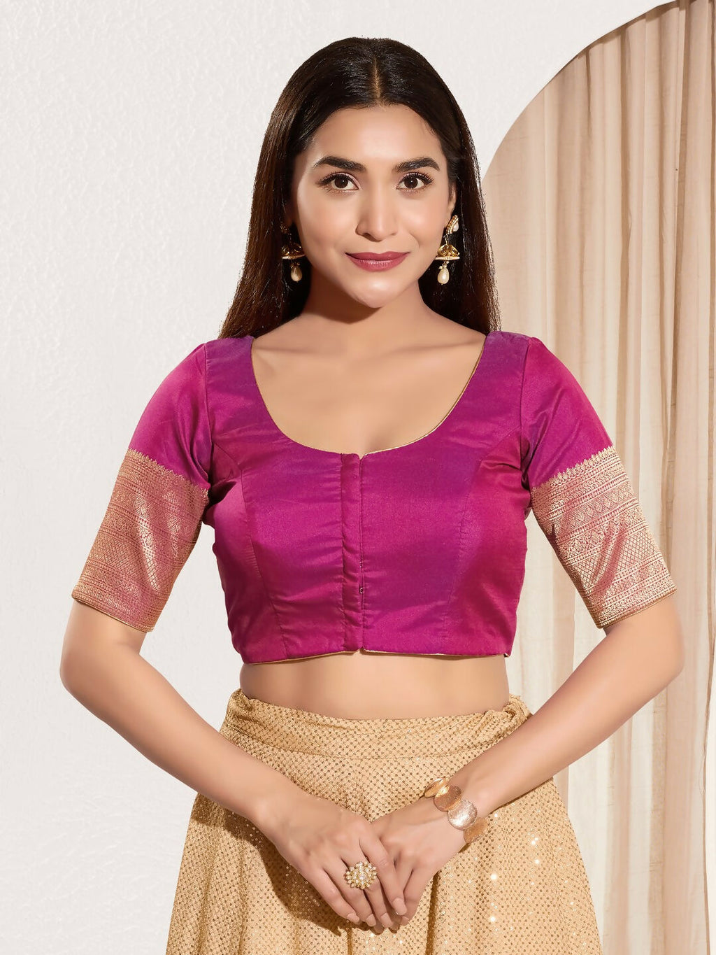Joban Fashion Purple Taffeta Silk Padded Blouse With Round Neck Elbow Sleeves | Grocsy