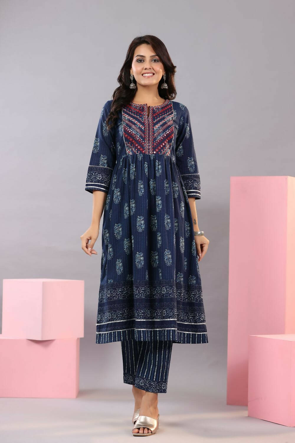 Juniper Women Indigo Cotton Cambric Batik texture Printed Kurta, Pants and Dupatta Set | Grocsy