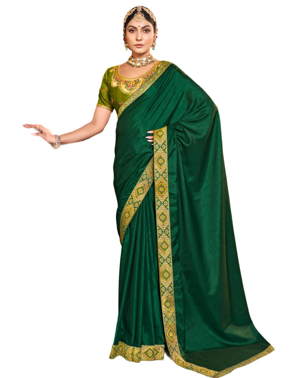 Green Solid Vichitra Saree With Unstitched Blouse Piece - Selena | Grocsy