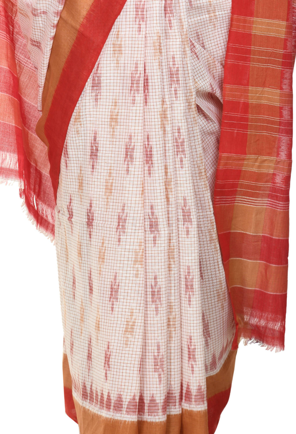 Vamika Sambalpuri Ikat Cotton Dehabandha Badafula White & Light Red Saree | Grocsy