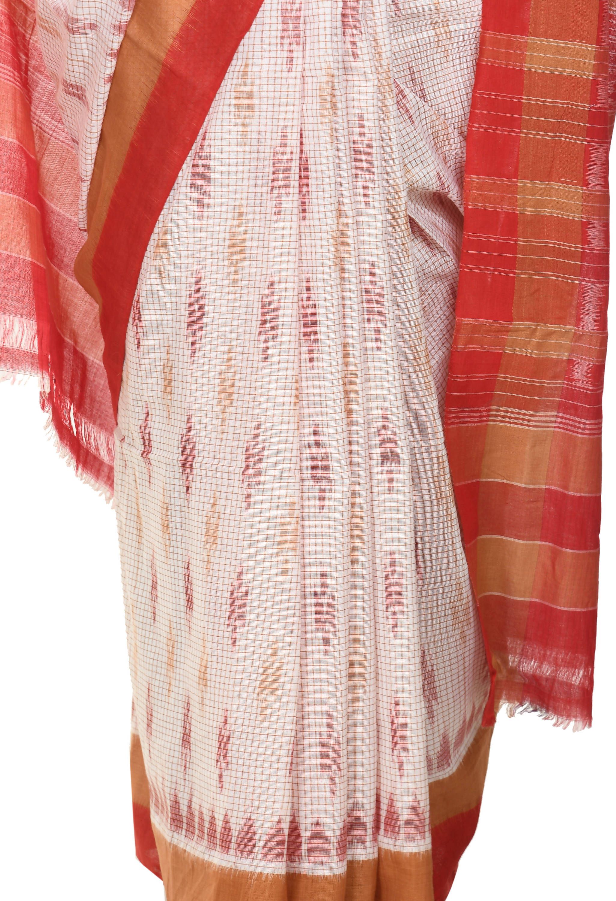 Vamika Sambalpuri Ikat Cotton Dehabandha Badafula White & Light Red Saree | Grocsy