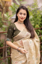Olive Pure Linen Ethnic Motifs Saree with Unstitched Blouse - A2M | Grocsy