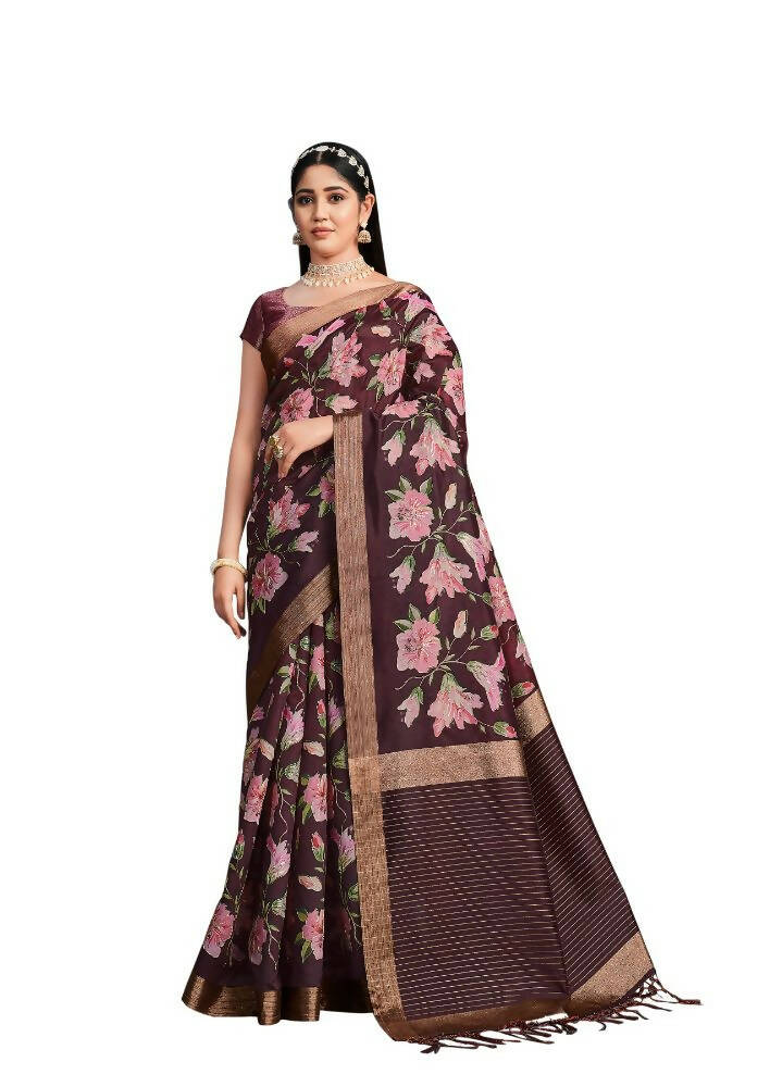 Maroon Tusser Silk Floral Printed With Sequence Embroidered Saree With Unstitched Blouse - Mohmanthan Aahana | Grocsy