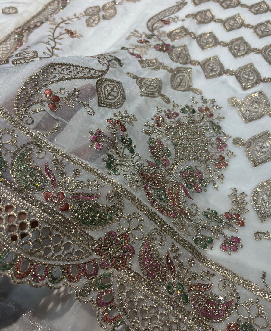 KC Heavy Embroidery Worked Two Ton Moss Silk White Suit For Women | Grocsy